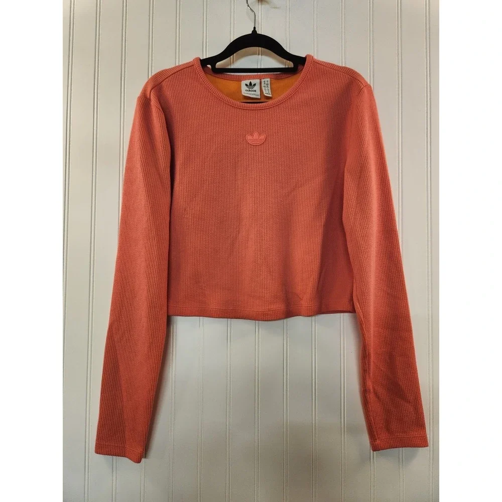 Vintage Adidas Women's Hot Pink Cropped Active Top Size L Long Sleeve Sport Gym